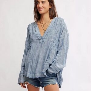 Free People By The Shore Stripe Printed V-Neck Long Sleeve Shirt- Size Large